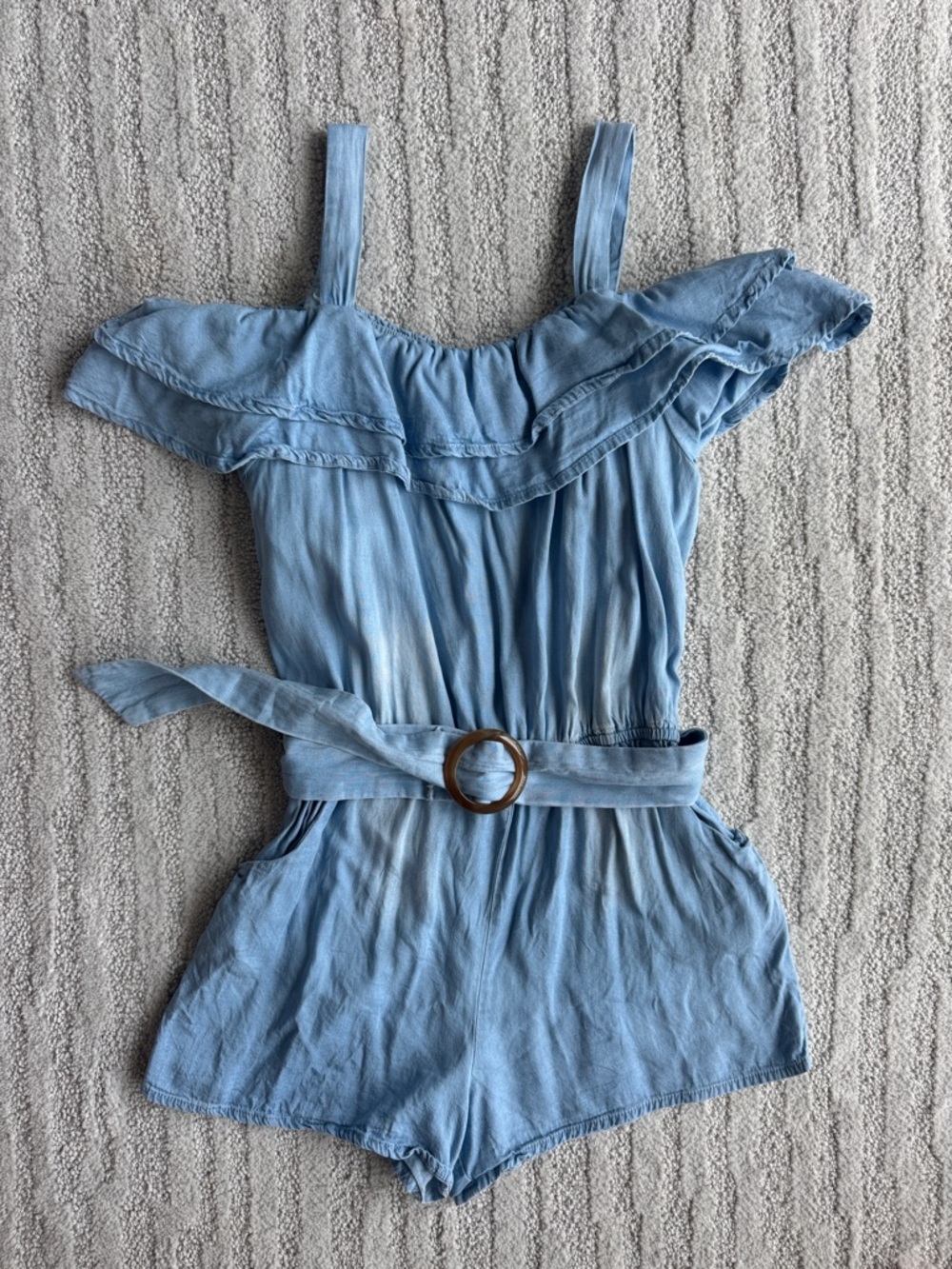 Hannah Banana Light Blue Ruffle Off-Shoulder Chambray Romper with Belt size 8